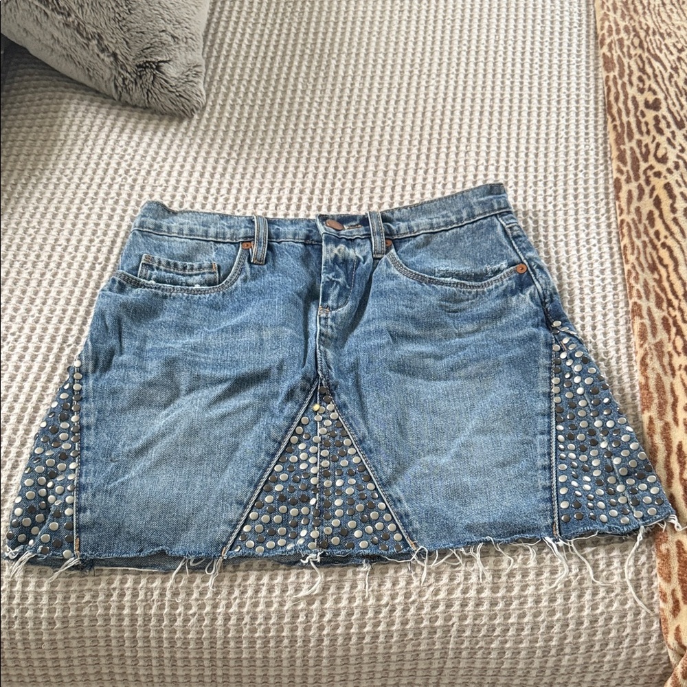 Blank NYC Blue Denim Mini Skirt with Silver Studs